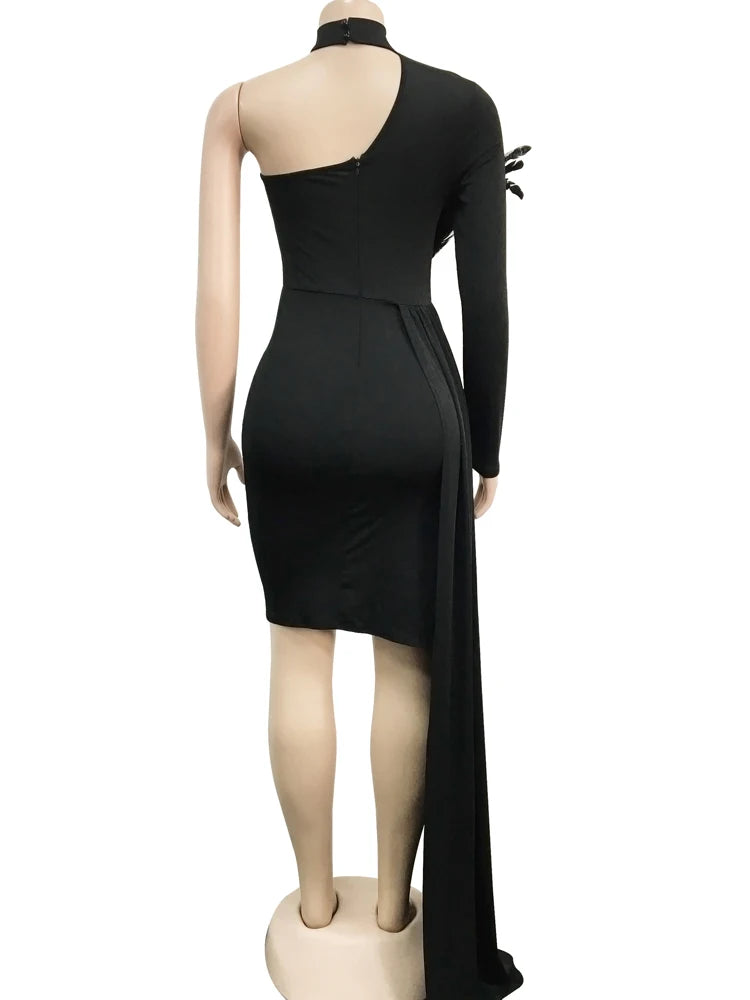 Temperament Women's Dresses Sexy Single Shoulder Feather Patchwork Long Straps Mini Dress Chic Solid Bodycon Party Dress Outfits
