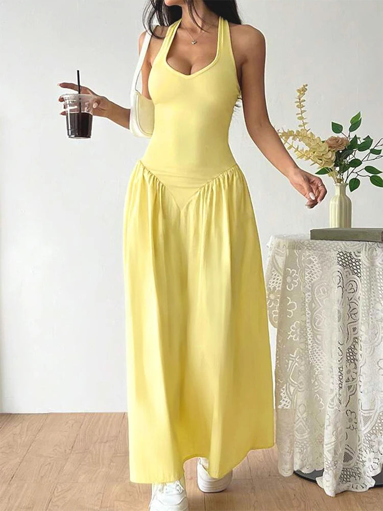 Women's Maxi Dresses New Summer Solid Sexy Backless V-neck Dress Streetwear Fashion Female Casual Slim Halter Dresses Clothing