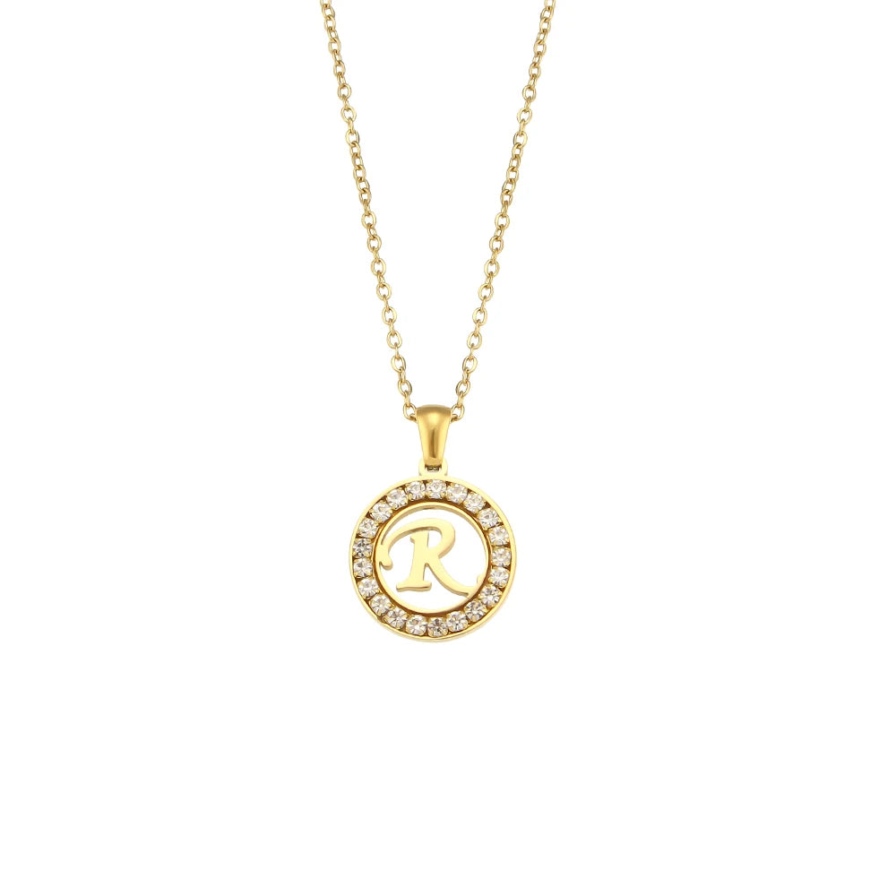E.B.belle Hollow Round Zircon Paved 26 Alphabet Initial Necklace Ladies Elegant Birthday Gift 18K Gold Plated Letter Necklace