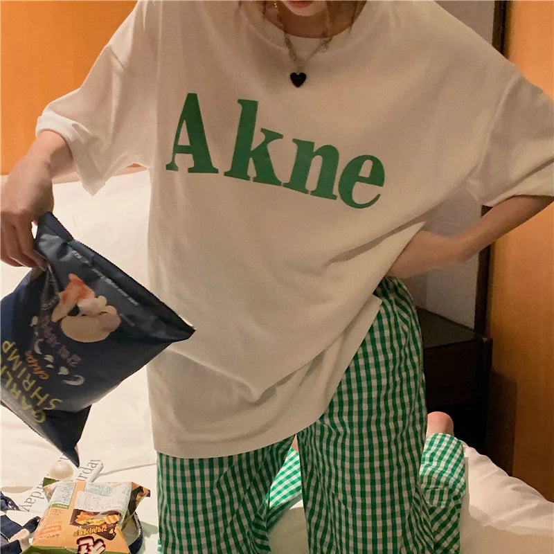 Women's Summer New Pajamas Loungewear Set Women's Short Sleeve Loose Loungewear Can Be Worn Outside Japanese Casual Plaid Suit