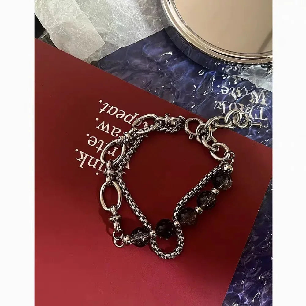 2024 Retro Black Cracking Beads Bracelet for Men Women Stainless Steel Double Layered Chain Fashion Hip-pop Jewelry Pulseras