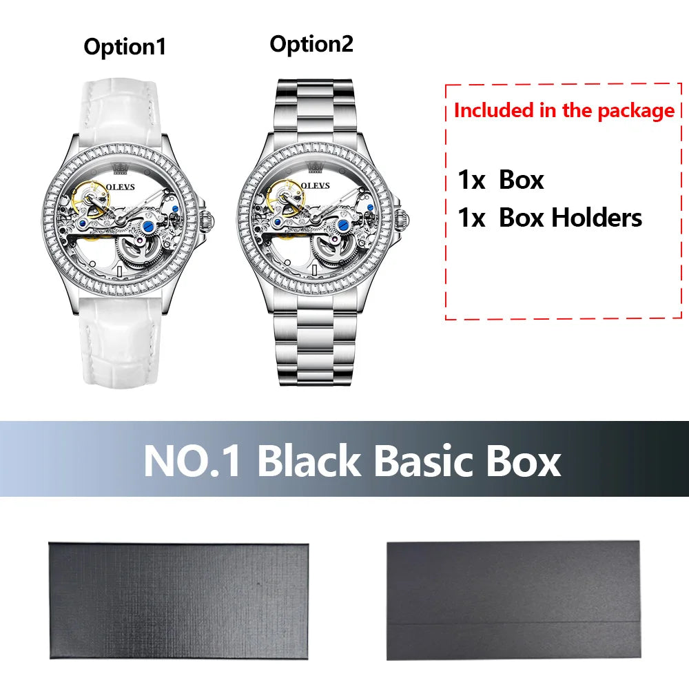 OLEVS Luxury Women Automatic Mechanical Watch Stainless Steel Diamond Inlay Fully Hollow Design Luminous Dial Elegant Wristwatch