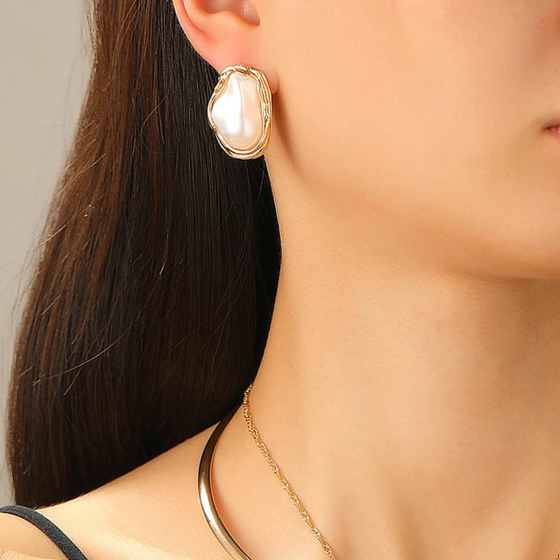 Elegant Baroque Imitation Pearl Choker Necklace Bangles Ring Earrings Set Women Chunky Circle Open Torques Collar Jewelry Set