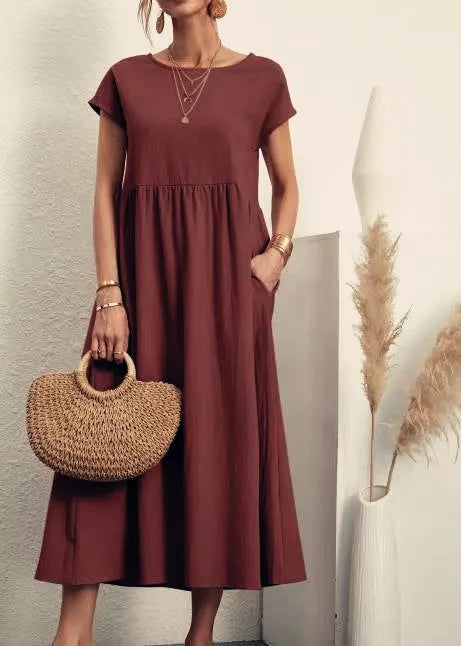 2024 Summer New Short Sleeved Women's Dress With Loose Casual Pockets Solid Color Round Neck Pullover Long And Elegant Dress