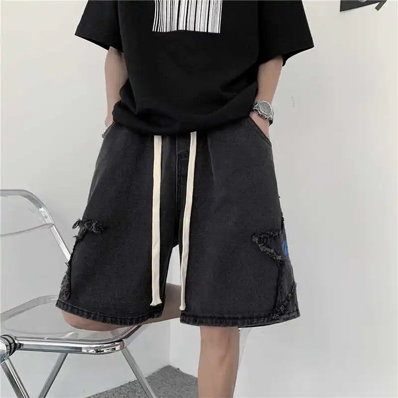 Summer Pentagram Patch Shorts Elastic Waist Letter Printed American Retro Casual Fashion Men Denim Knee-length shorts
