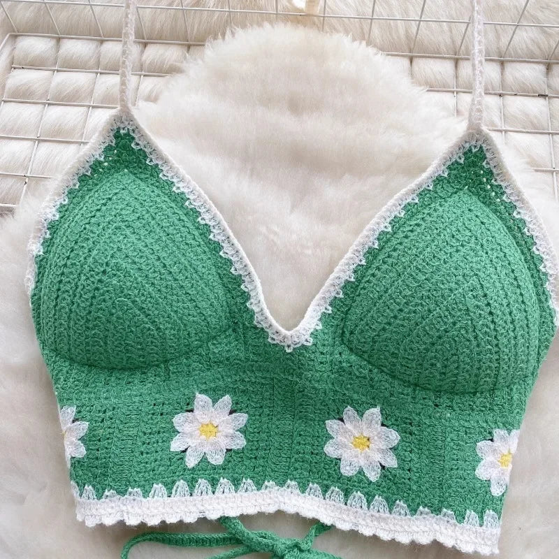 Vacation Style Camis Vest Women Patchwork Sweet Hook Flower Sexy Backless Suspender Camisole Hanging Neck Outwear Crop Tops