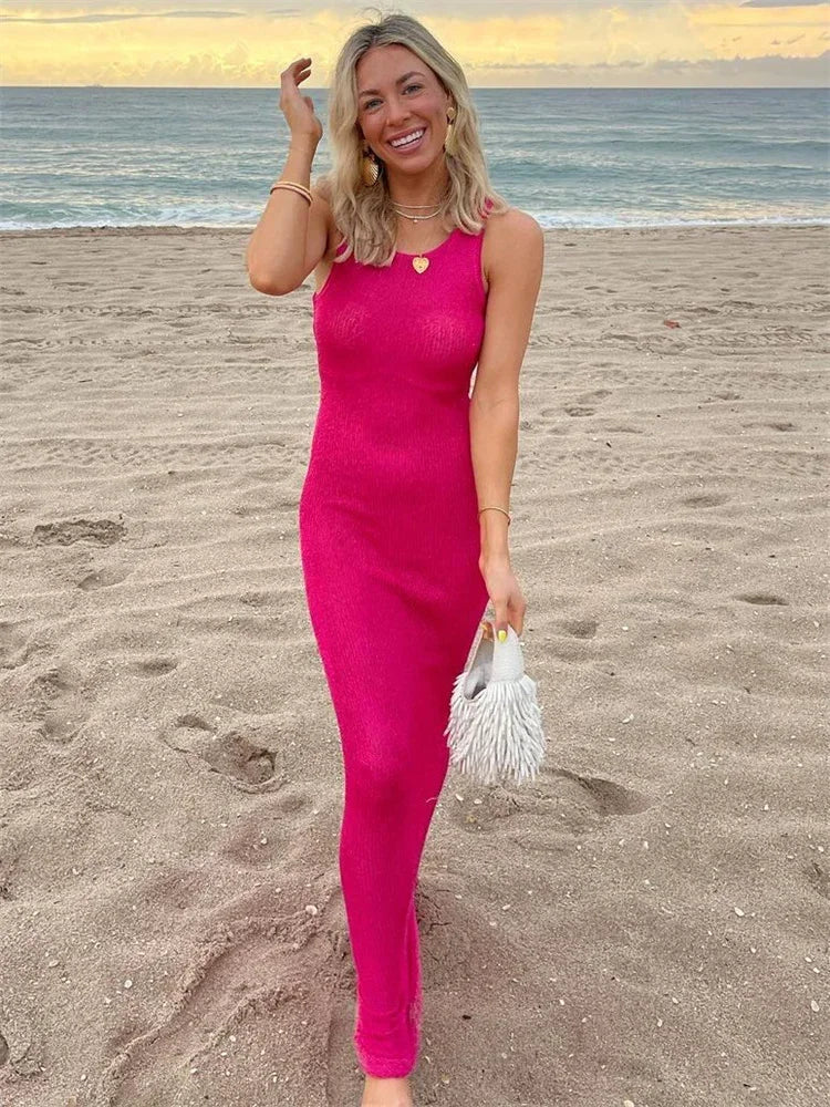 Summer Spliced See-through Long Dress Women Casual Sleeveless Vest Long Dress Solid Color Sequined Slim Party Dress 2024 New