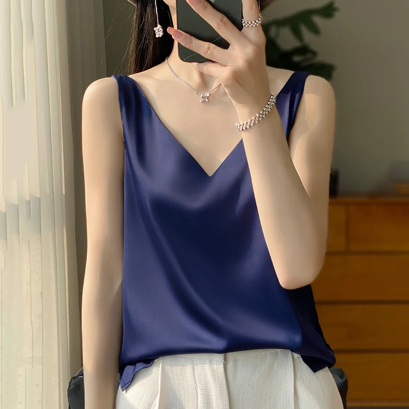 2024 New Silk Satin Women's Tank Top Basic V-neck Multi Color White Black Women's Sleeveless Top Summer Sexy Bottom