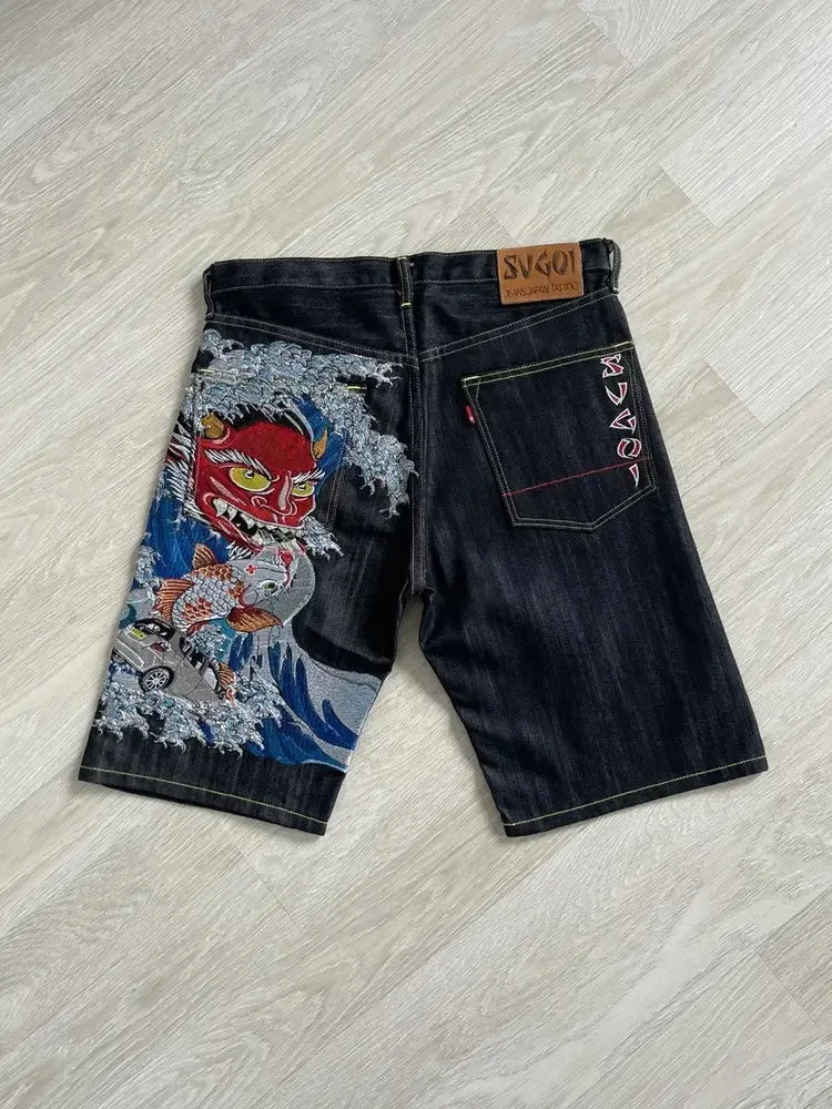 Streetwear Japanese Denim Shorts Y2K Jeans Mens Womens Harajuku Hip Hop Cartoon Baggy Shorts High Waist Casual Shorts