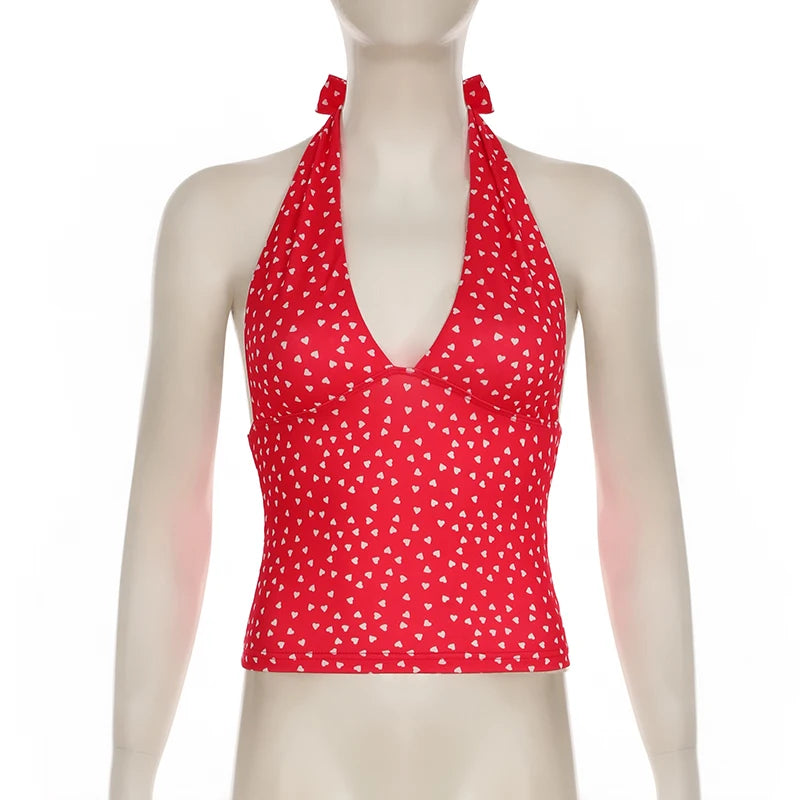 Women Sexy Halter Deep V Neck Top Slim Fit Backless Crop Tank Top Y2k Polka Dot Open Back Sleeveless Cami Tops