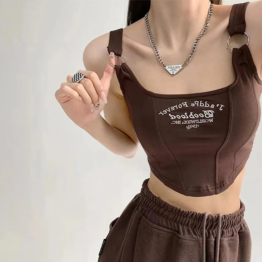 Women Embroid Letter Tank Tops With Bra Pad Casual Camis Y2K Crop Tops For Women Shoulder Belt Iron Ring Tank Tops