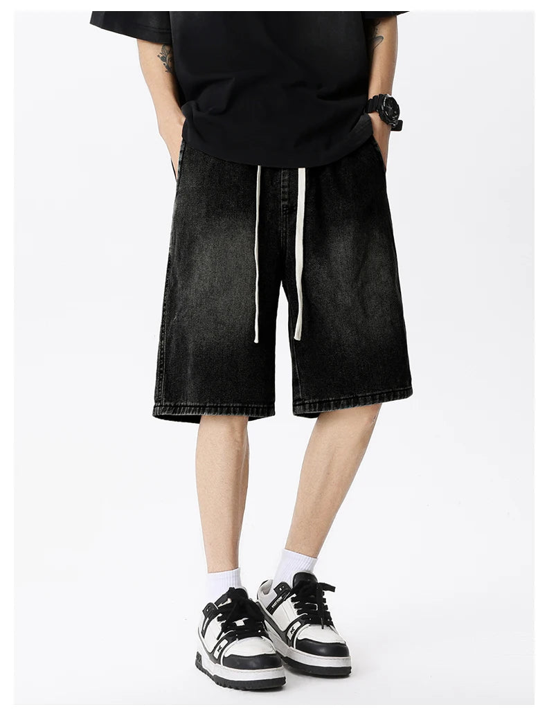 Casual Denim Shorts Men Elastic Waist Straight Comfortable Light Blue Soft Short Pants Baggy Wide Bermuda Male Jeans