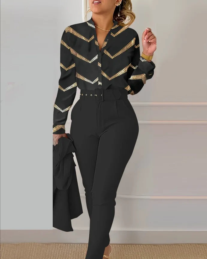 Autumn Winter Stand Neck Floral Print Long Sleeve Shirt Pants Two Piece Sets Elegant Women Casual Shirt Trousers Suits With Belt
