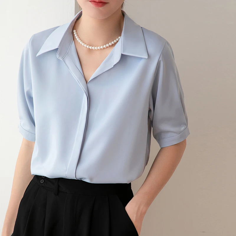 Summer Women's Blouse Casual Loose Short Sleeve Ladies' Shirt Fashion White Pullover Button Up Female Clothing Elegant Waman Top