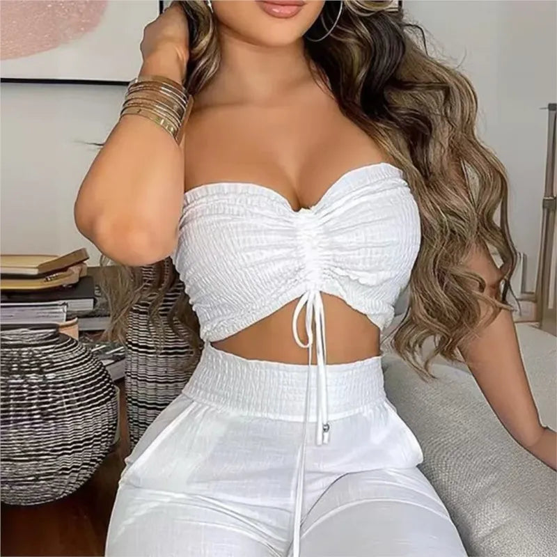 Sexy Women's 2-piece Sets Suit Spring Summer White Waistless Slim-fitting Bandeau Wide-leg Trousers Fashion Suit Women Clothing