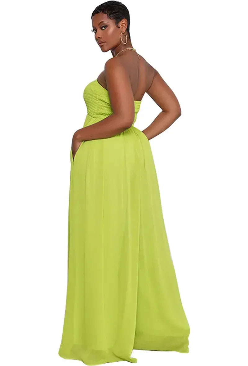 Women Strapless Sleeveless Long Loose Wide Leg Pants Overall Jumpsuits High Waist Solid Color Full Length Pants