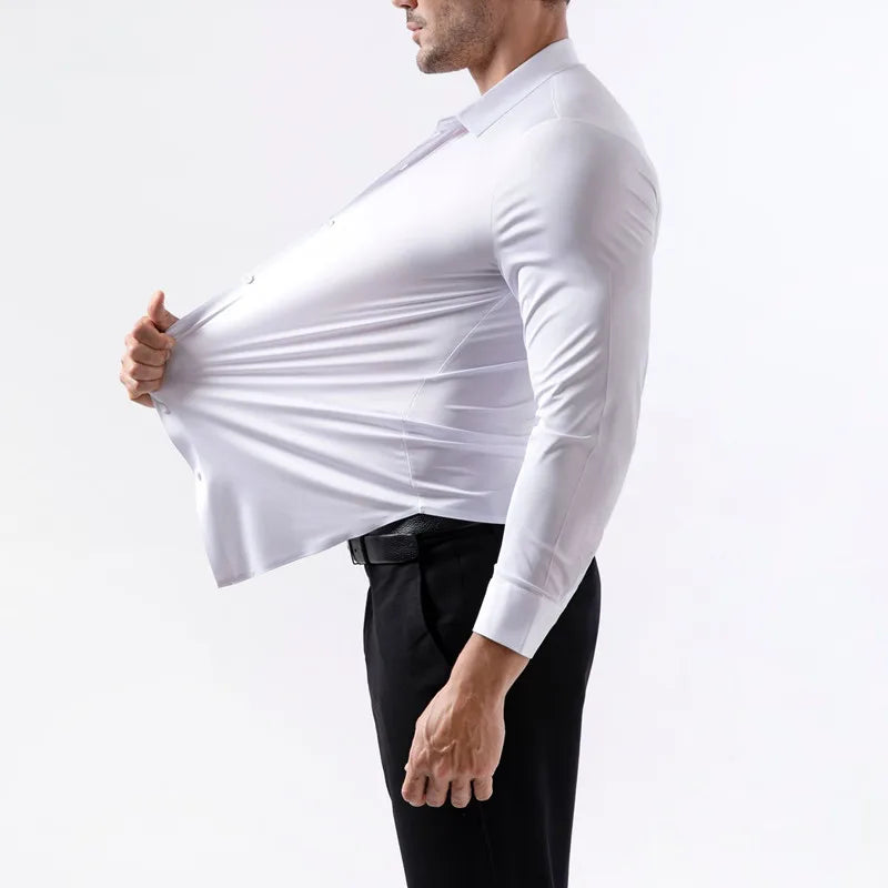 100 KG Non-Iron Four-way stretch Men's Long Sleeve Shirt Silky Foreign Trade Cross-Border Amazon Euro Men's TopS Shirts
