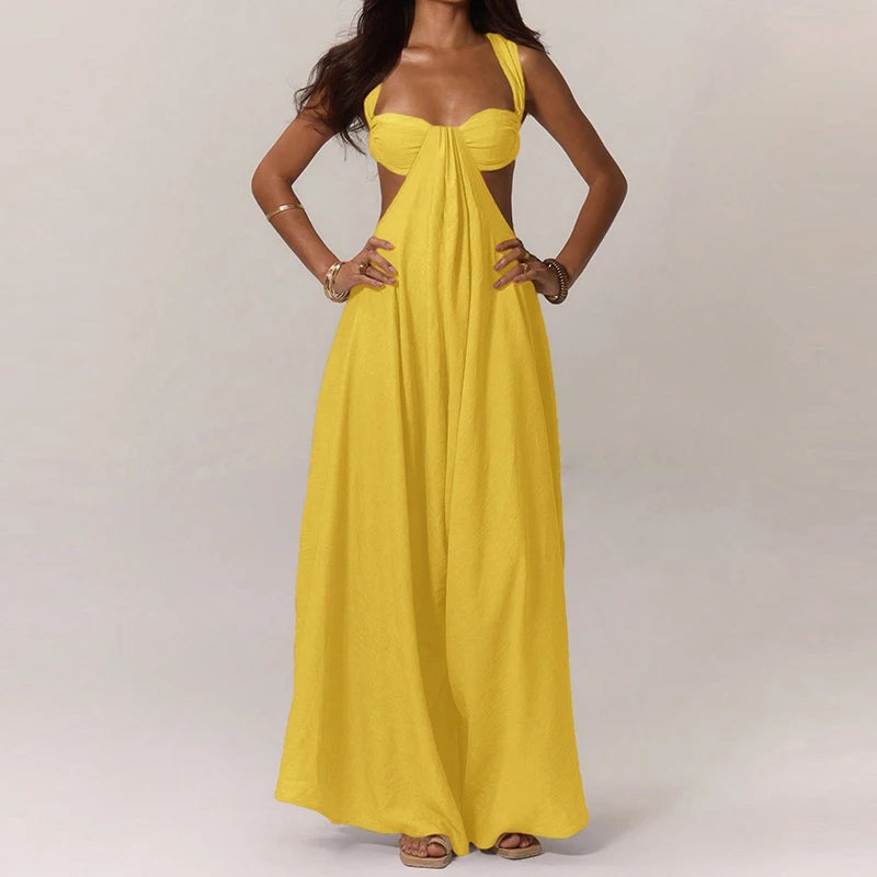 Fashion Hollow Waist Halter Wide Leg Jumpsuits Sexy Tube Top Sleeveless Solid Color Playsuits Lady High Street Commute Rompers