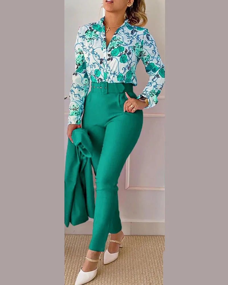 Autumn Winter Stand Neck Floral Print Long Sleeve Shirt Pants Two Piece Sets Elegant Women Casual Shirt Trousers Suits With Belt