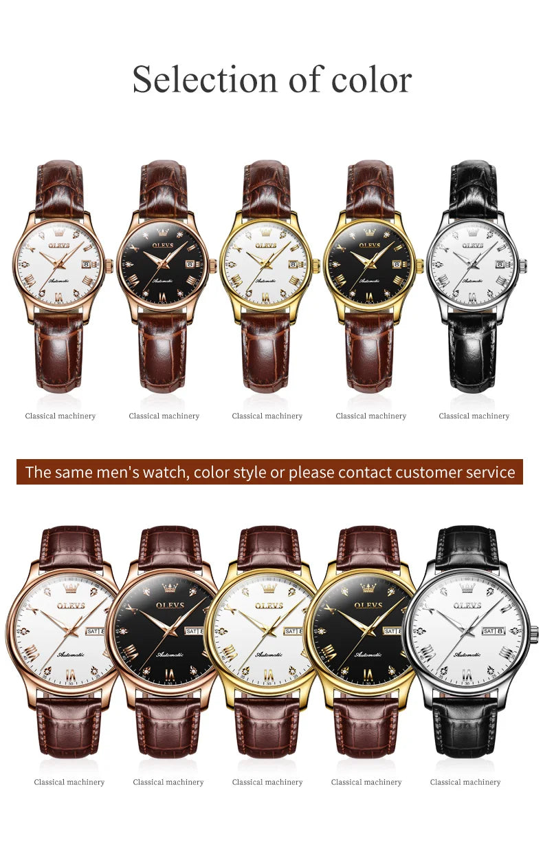 OLEVS 9932 Women's Automatic Mechanical Wristwatch Leather Strap Waterproof Dual Calendar Wristwatch Luxury Elegant Ladies Watch