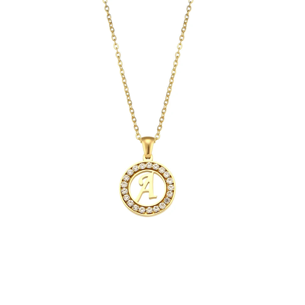 E.B.belle Hollow Round Zircon Paved 26 Alphabet Initial Necklace Ladies Elegant Birthday Gift 18K Gold Plated Letter Necklace