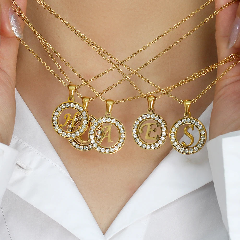 E.B.belle Hollow Round Zircon Paved 26 Alphabet Initial Necklace Ladies Elegant Birthday Gift 18K Gold Plated Letter Necklace