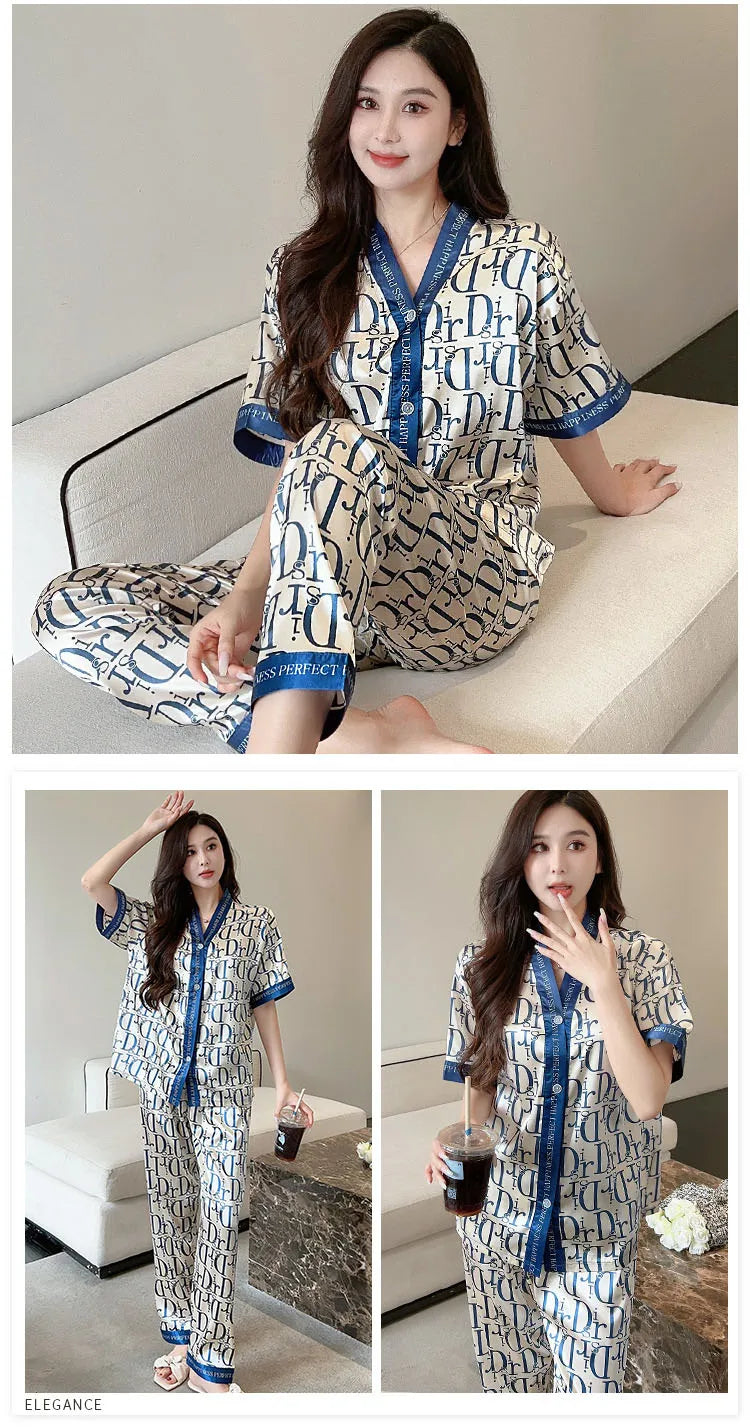 Pajamas Women Ice Silk Cardigan Short Sleeve Long Pants Fashion Casual Silk Wearable Homewear Green Letter Suit