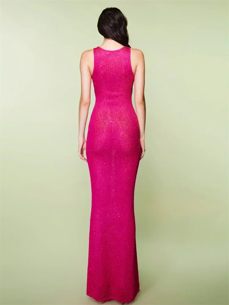 Summer Spliced See-through Long Dress Women Casual Sleeveless Vest Long Dress Solid Color Sequined Slim Party Dress 2024 New