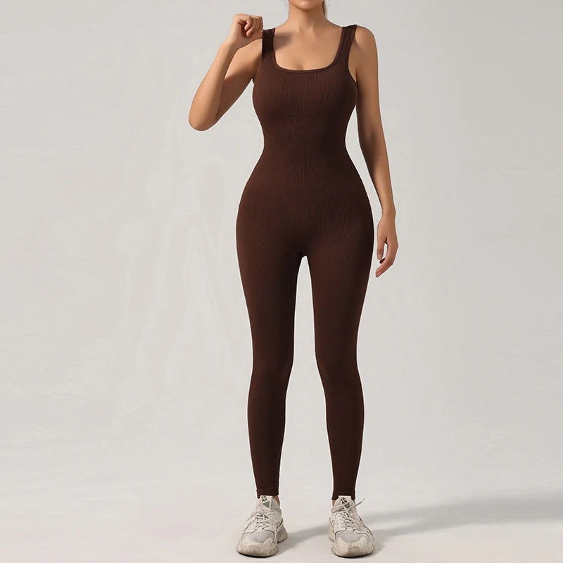 Women Workout Seamless Jumpsuit Yoga Ribbed Bodycon One Piece Square Neck Leggings Romper