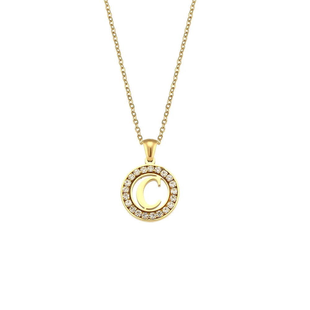 E.B.belle Hollow Round Zircon Paved 26 Alphabet Initial Necklace Ladies Elegant Birthday Gift 18K Gold Plated Letter Necklace