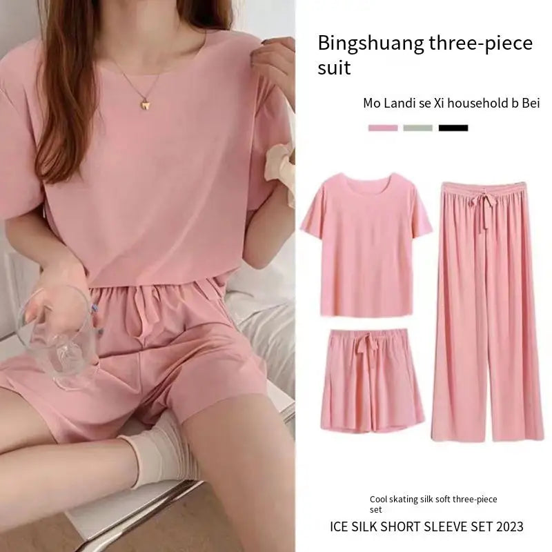 Ice Silk Pyjamas Three-Piece Set Women's Female Home Wear Trousers Simple Leisure Comfortable Loose Short-Sleeved Girl Sleepwear