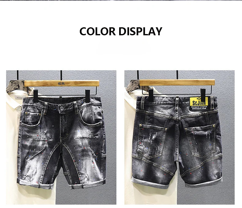 Tie-dye Fashion Paint Spots Denim Shorts Men's Summer New Ripped Retro Dilapidated Male Streetwear Short Jeans