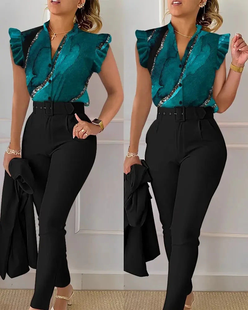 Spring Summer Women's New Printed Lotus Leaf Sleeveless Shirt Suit Elegant Slim Femal Office  Long Pants Belt Two Piece Set 2025