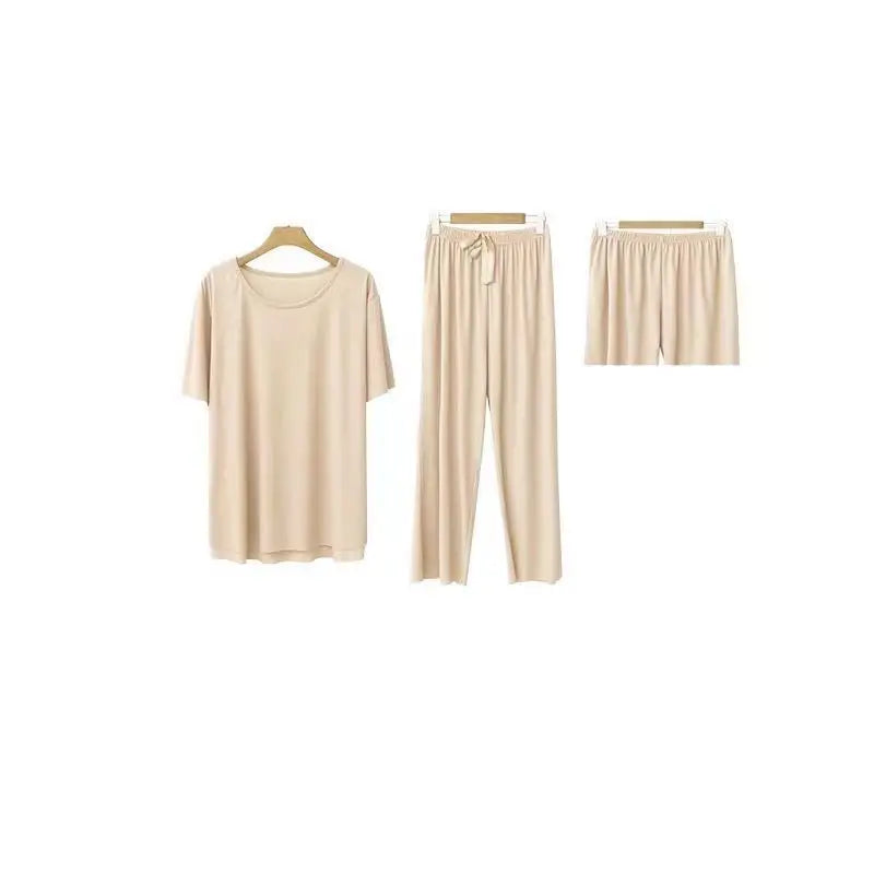 Ice Silk Pyjamas Three-Piece Set Women's Female Home Wear Trousers Simple Leisure Comfortable Loose Short-Sleeved Girl Sleepwear