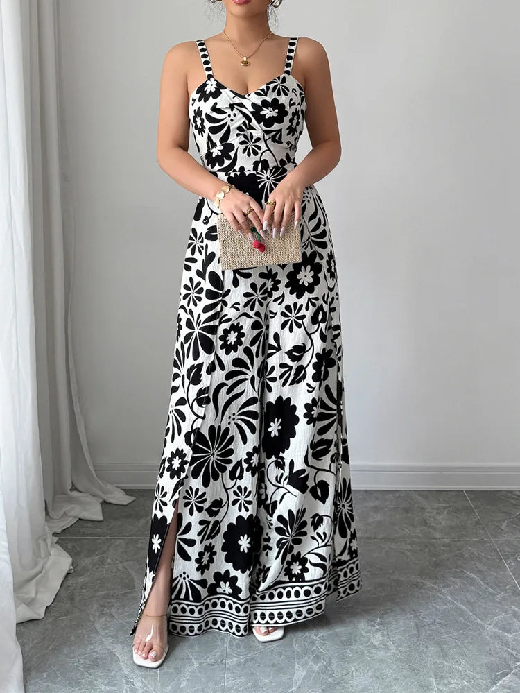 Jumpsuits Sleeveless Women V Neck Print Rompers Wide Leg Length Pants Jumpsuit Sexy High Waist Slight Strech Loose One Piece