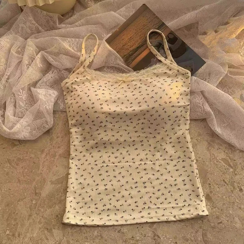 Sexy Sleeveless Camis Women Summer Top Small Print Slim Lace T-shirt Female Floral Shirt Button Shirt Tops For Students Girl