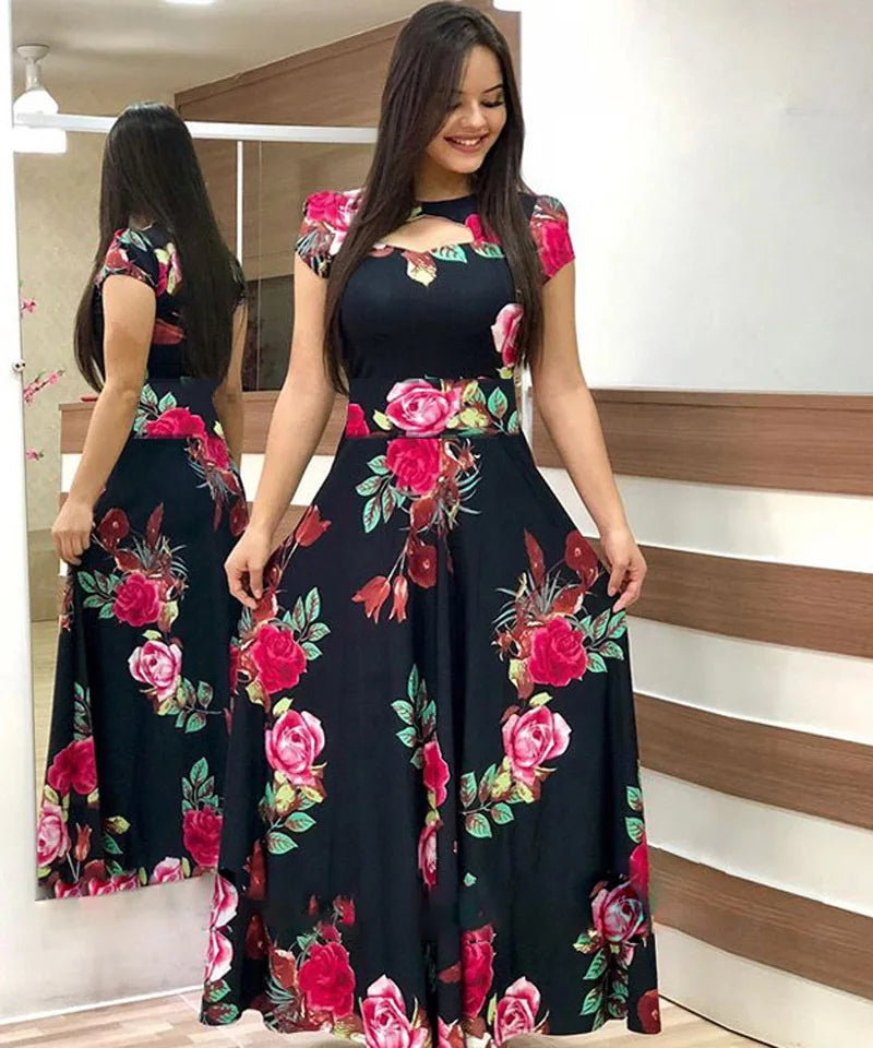Elegant Spring Women's Dress Casual Fashion Floral Print Short Sleeve Super Long Dress 2023 New Fashion Hollow Out Long Dresses