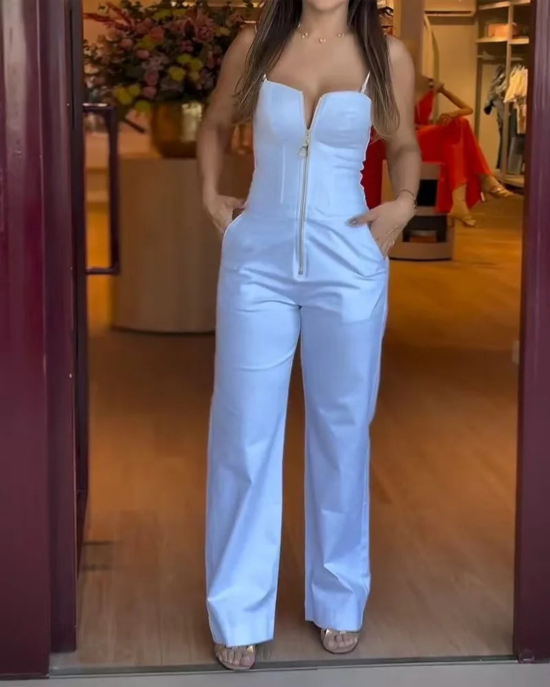 Fashion High Street Sleeveless Jumpsuit For Women 2025 Sexy Spaghetti Strap Bodycon Jumpsuits Office Elegant White Slim Romper