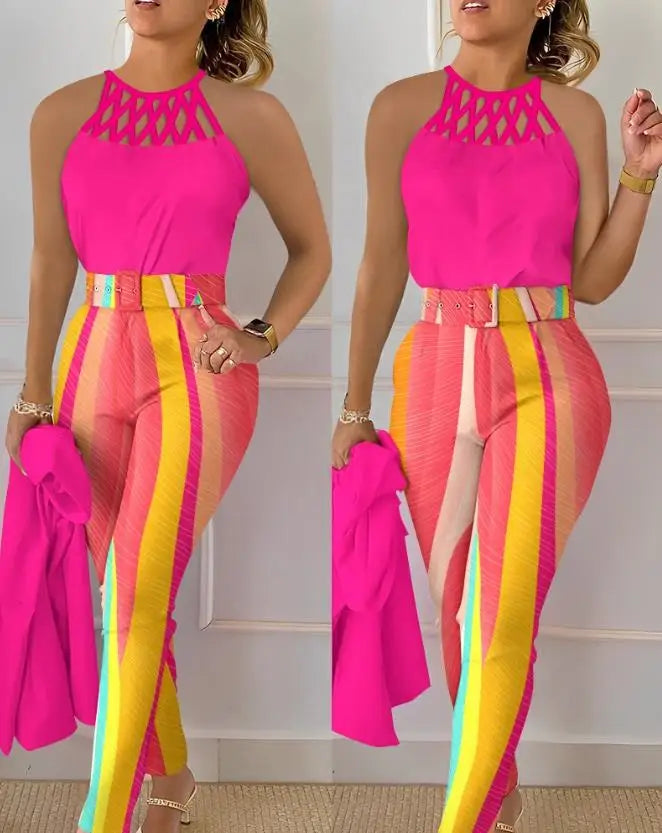 Women's Urban Style Suit 2025 Spring Summer Latest Sexy Solid Color Hollow Out Sleeveless Tank Top&high Waist Straight Pants Set