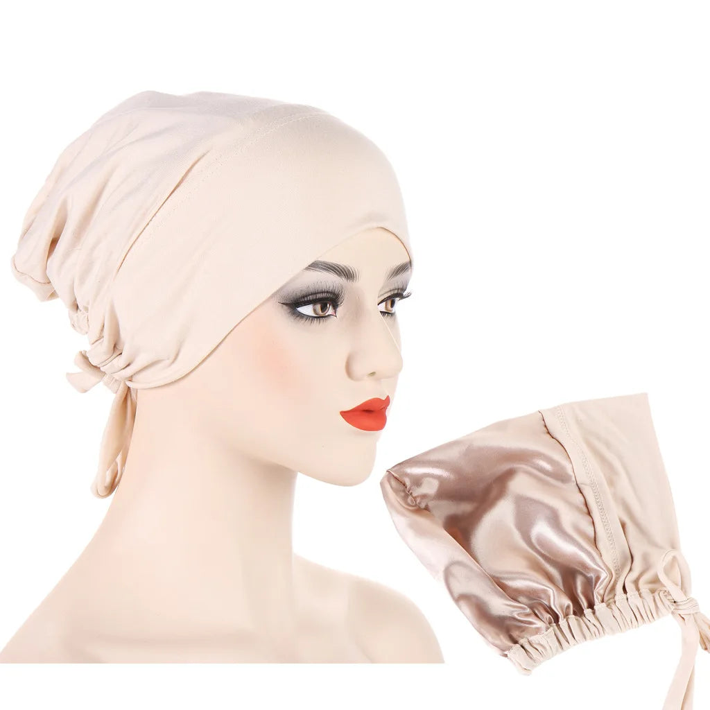 Double Layer Satin Hijab Cap for Women, Islam Undercap with Tie Bonnet, Instant Hijabs, Turkish Scarves, Muslim Turban, Bandana