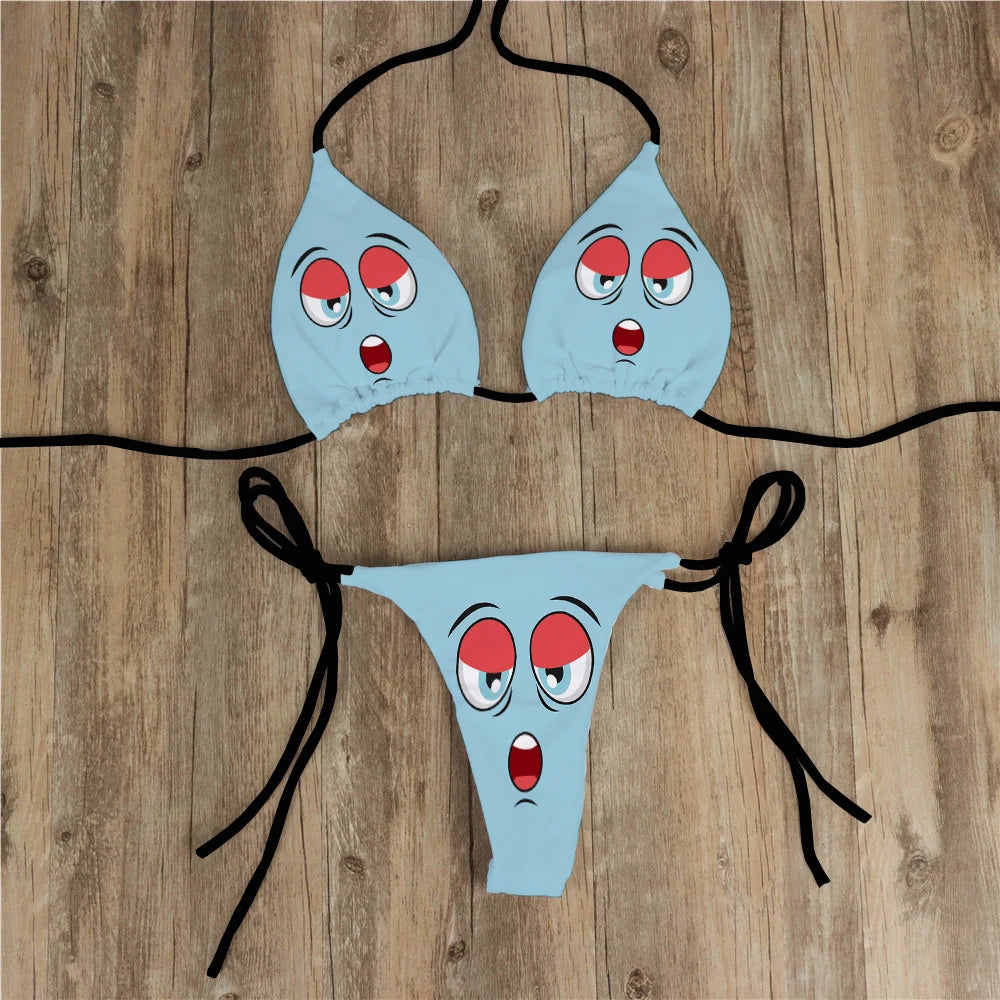 Sexy Bikini Set Yellow Swimsuit Cartoon Print  Fashion Sweet Women's Bra Swimsuit Deep V Summer Beachwear Party Bikini suit
