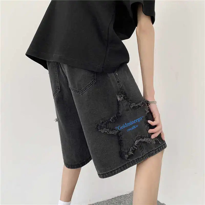 Summer Pentagram Patch Shorts Elastic Waist Letter Printed American Retro Casual Fashion Men Denim Knee-length shorts
