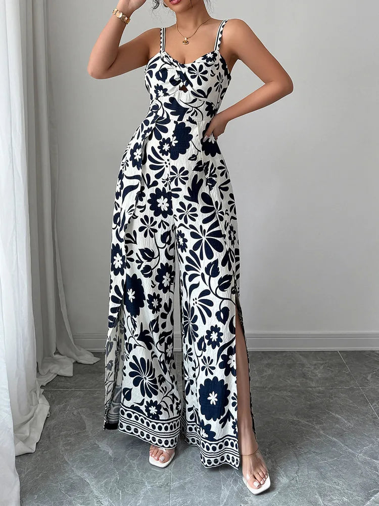 Jumpsuits Sleeveless Women V Neck Print Rompers Wide Leg Length Pants Jumpsuit Sexy High Waist Slight Strech Loose One Piece