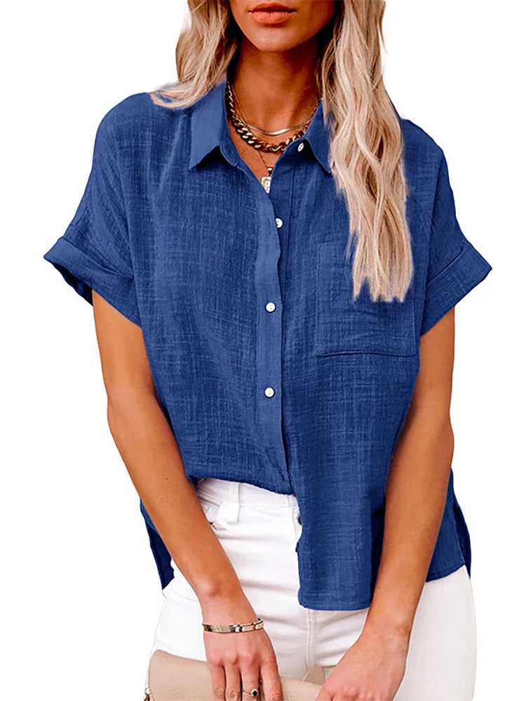 Casual Solid Short Sleeve Cotton Linen Loose Blouse Vintage Harajuku Oversized Shirt Elegant Tunic Summer Tops Women 2022