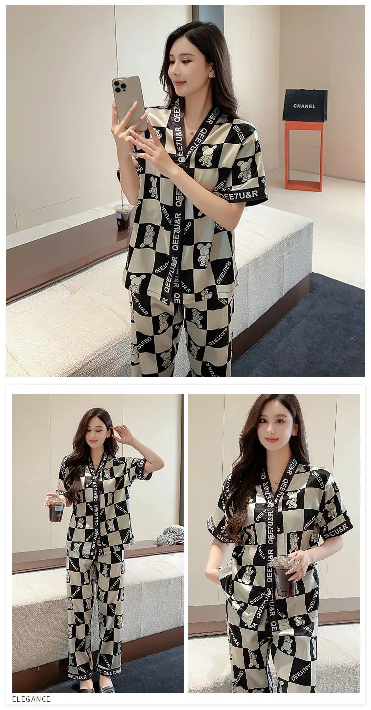 Pajamas Women Ice Silk Cardigan Short Sleeve Long Pants Fashion Casual Silk Wearable Homewear Green Letter Suit