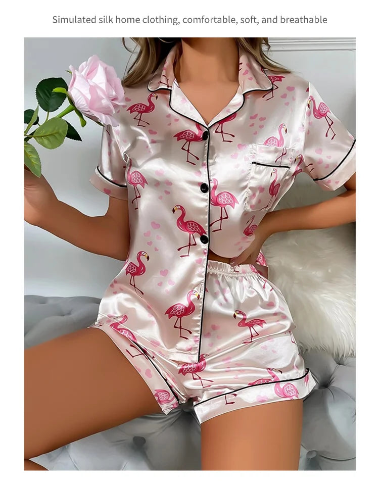 Women's Pajama Pj Set Heart Print Satin Pyjama Casual Short Sleeve Lapel Collar Tops & Pants Sleepwear & Loungewear for Adults