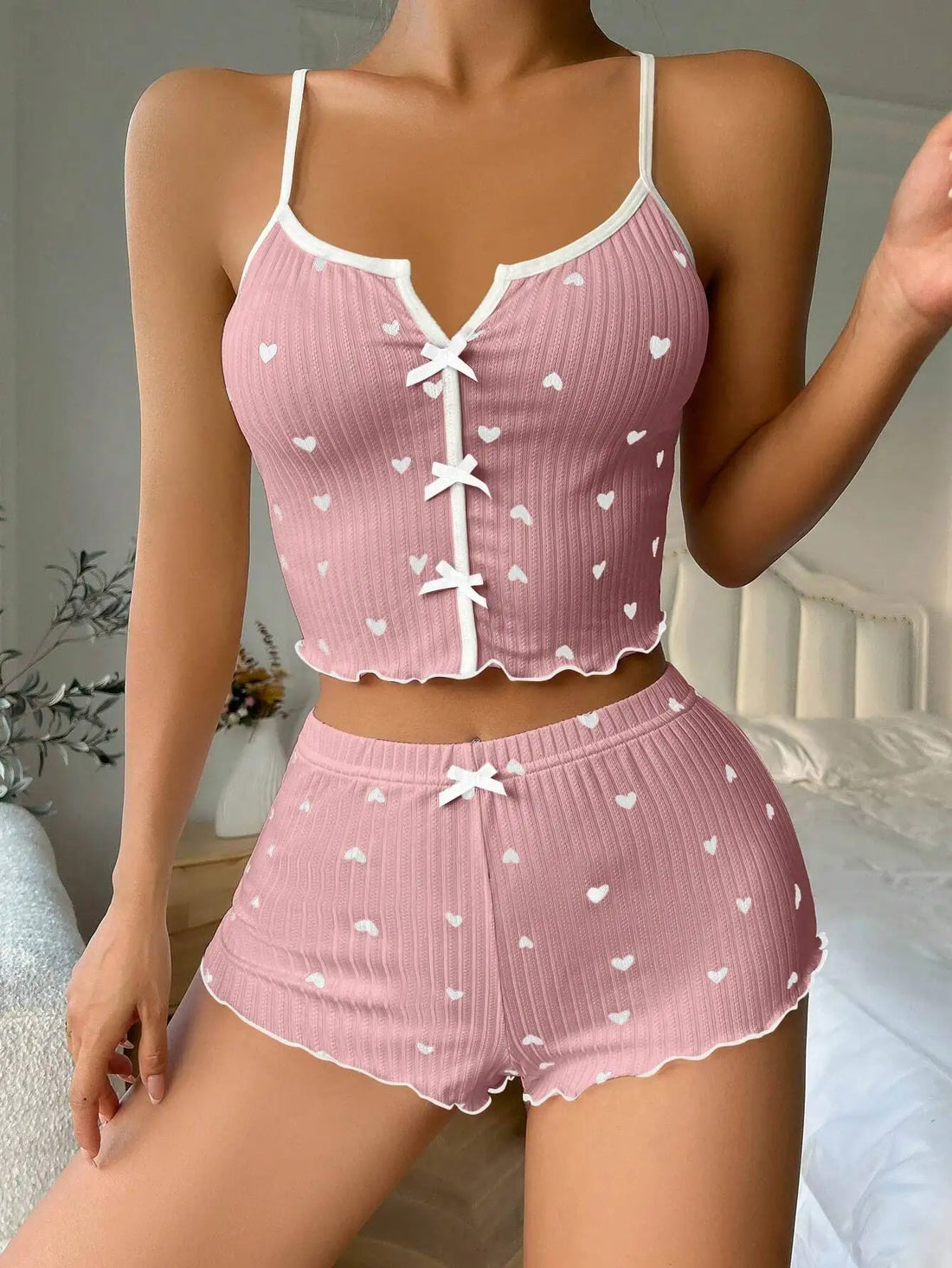 Women's Cute Pajama Set Heart Print Lettuce Trim Bow Front Cami Top and Shorts Pj Set Soft Sleepwear