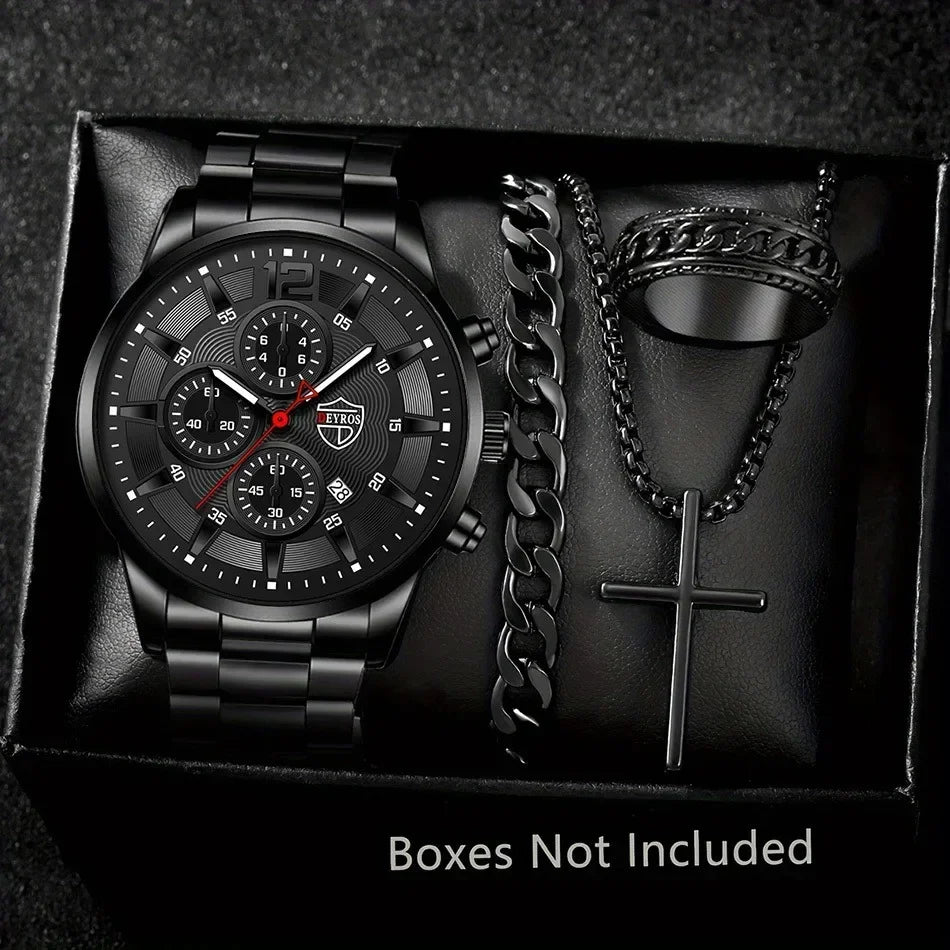 4pcs Classic Black Men's Watch Quartz Watches Are Suitable for Everyday Wear