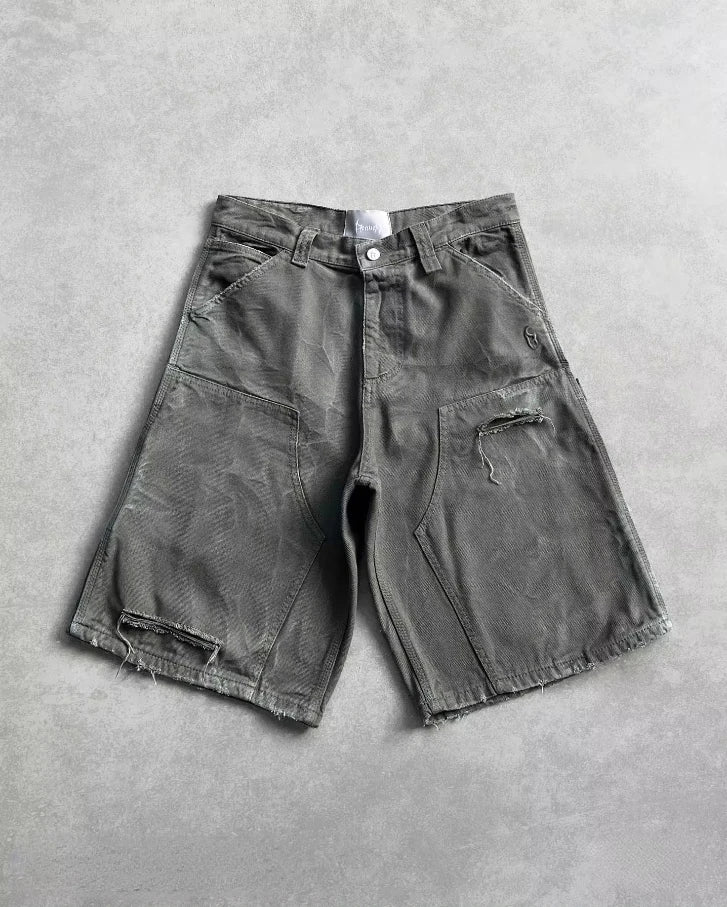 Reaven High Quality Black Punk Washed Denim Shorts Mens Summer Hip Hop Ripped Hole Raw Edge Jorts Y2k Retro Street Jean Shorts