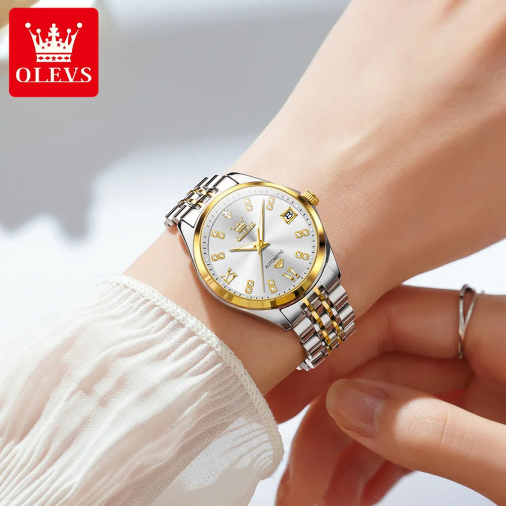 OLEVS 9801 Womens Watch Luxury Fashion Waterproof  Automatic Mechanical Watch Stainless Steel Diamond Date Ladies Watch Set